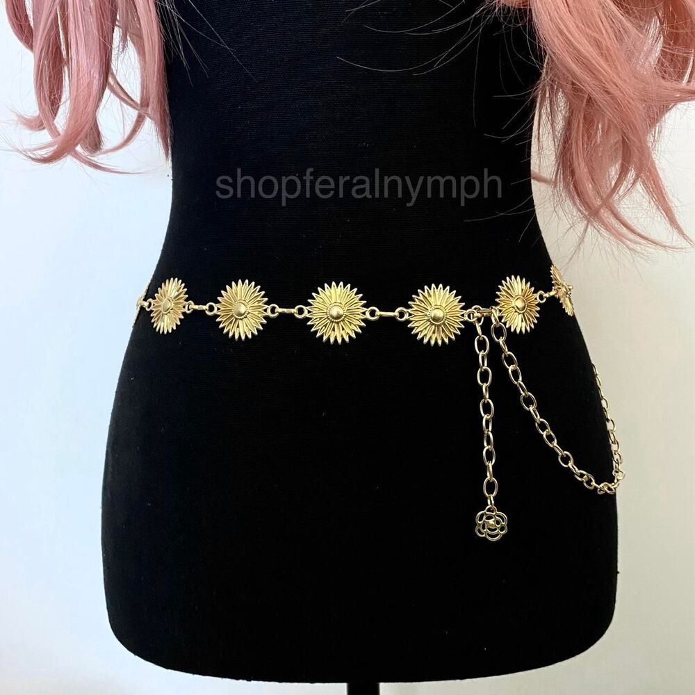 Gold Y2K Sunburst Celestial Boho Chain Belt, Fits 25-44.5 Inches, X7GA1268